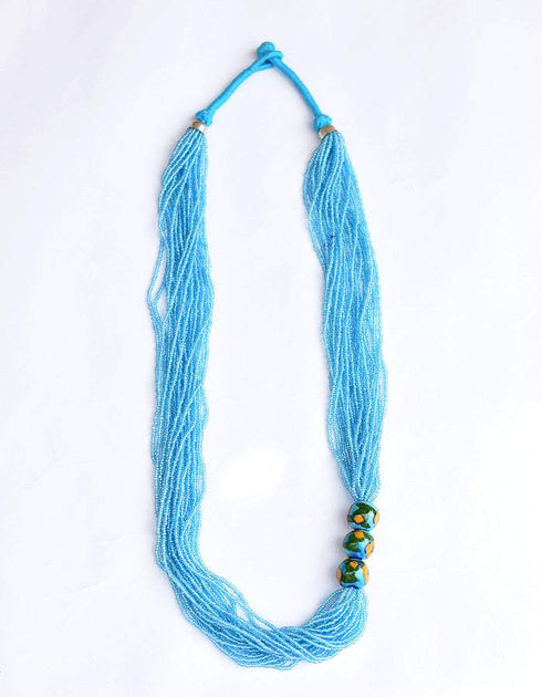 Blue Pottery Three Bead Side Necklace In Turquoise